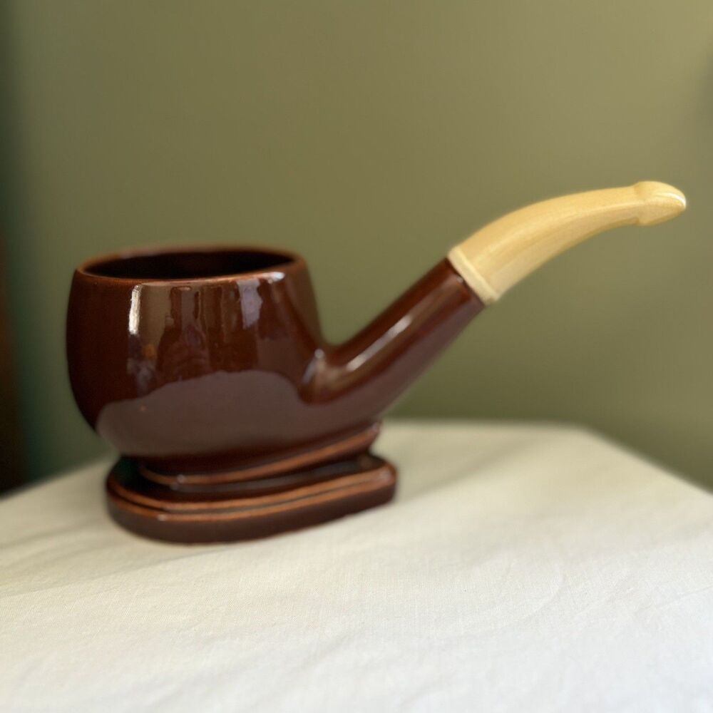 Vintage Brown Ceramic Pipe Shaped Planter or  Pencil Holder  Tobacciana